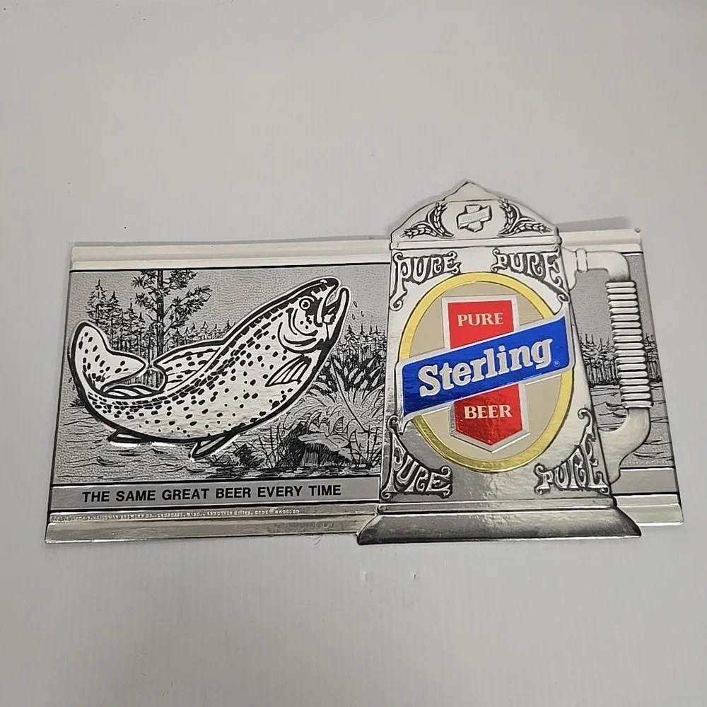 1974 STERLING Pure Beer Bass Fish Embosograph Metallic Sign Heileman‎ Brewing